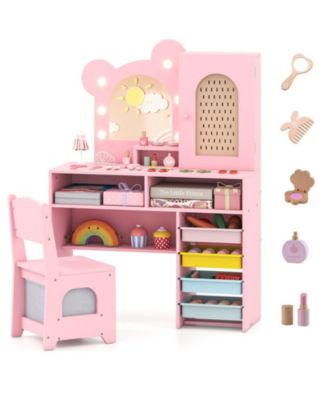 Kids Vanity with Lights and 5 Drawers Bear Design Dressing Table Set