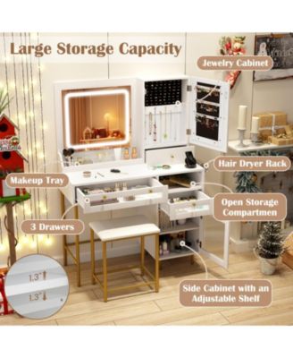 Modern Makeup Vanity Desk with Lighted Mirror Jewelry Cabinet and Stool Set