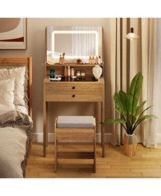 Small Vanity Desk with LED Mirror and Cushioned Stool for Small Spaces