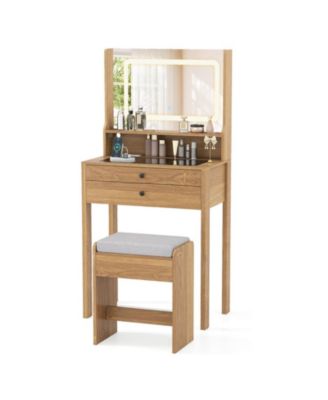 Small Vanity Desk with LED Mirror and Cushioned Stool for Small Spaces