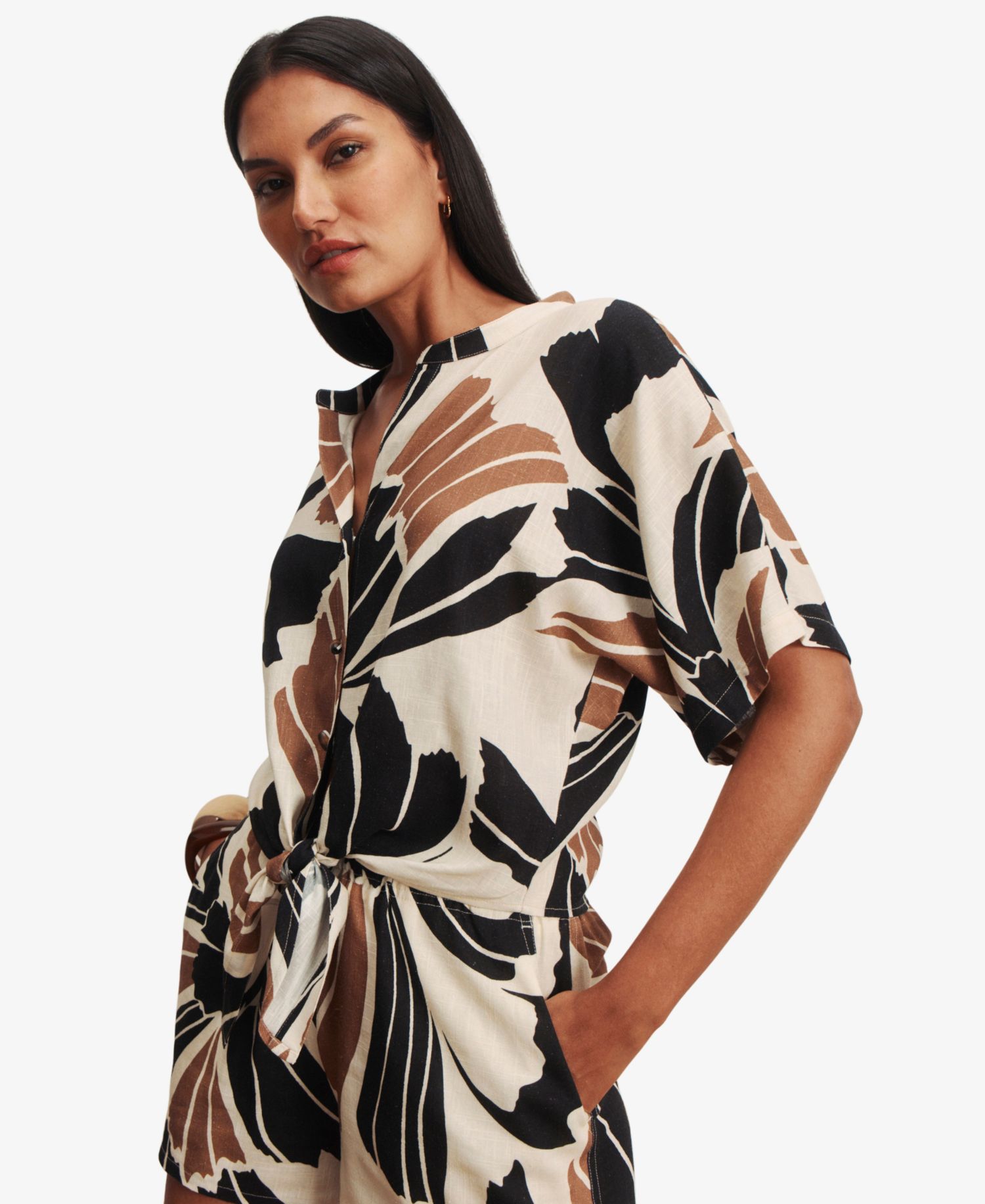 Women's Tie-Front Cap-Sleeve Collared Blouse