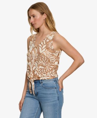 Women's Printed V-Neck Sleeveless Tie-Hem Tank Top