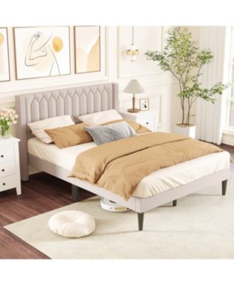 Velvet Upholstered Platform Bed Frame with Headboard and Wingback Headboard