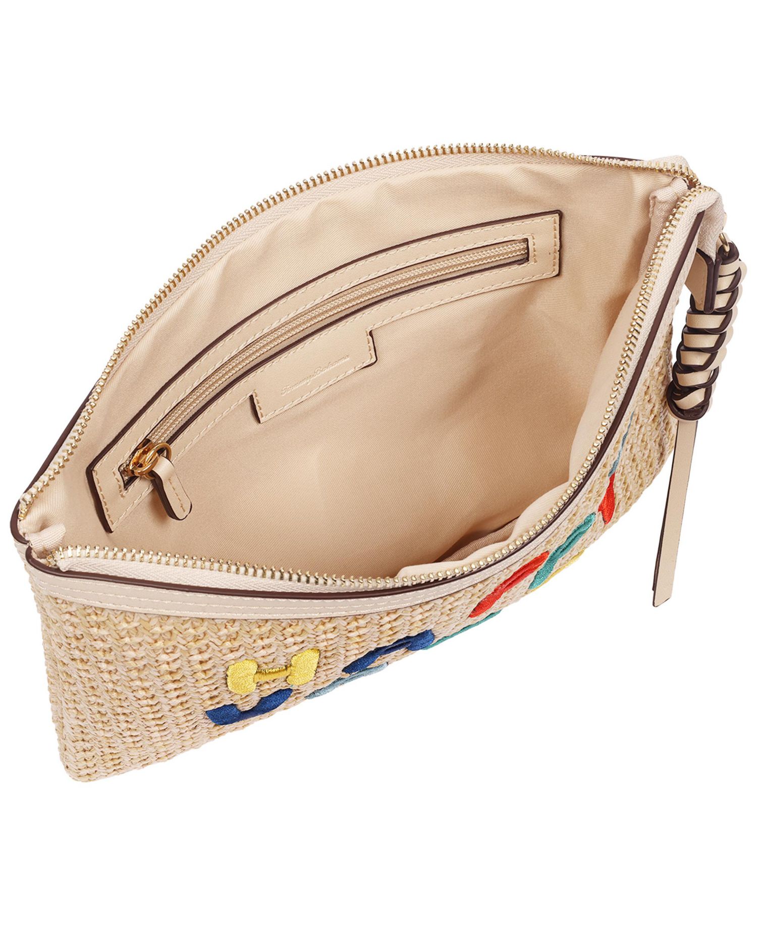 Happy Vacay Raffia Clutch - Woven Straw Zip Pouch with Embroidered Lettering
