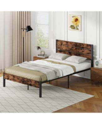 Metal and Wood Platform Bed Frame with Headboard and Noise-Free Slats