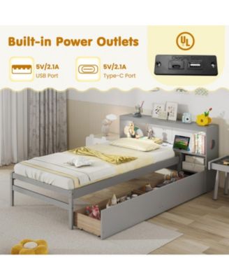 Solid Wood Platform Bed Frame with LED Lights and Headboard and Bookcase Headboard