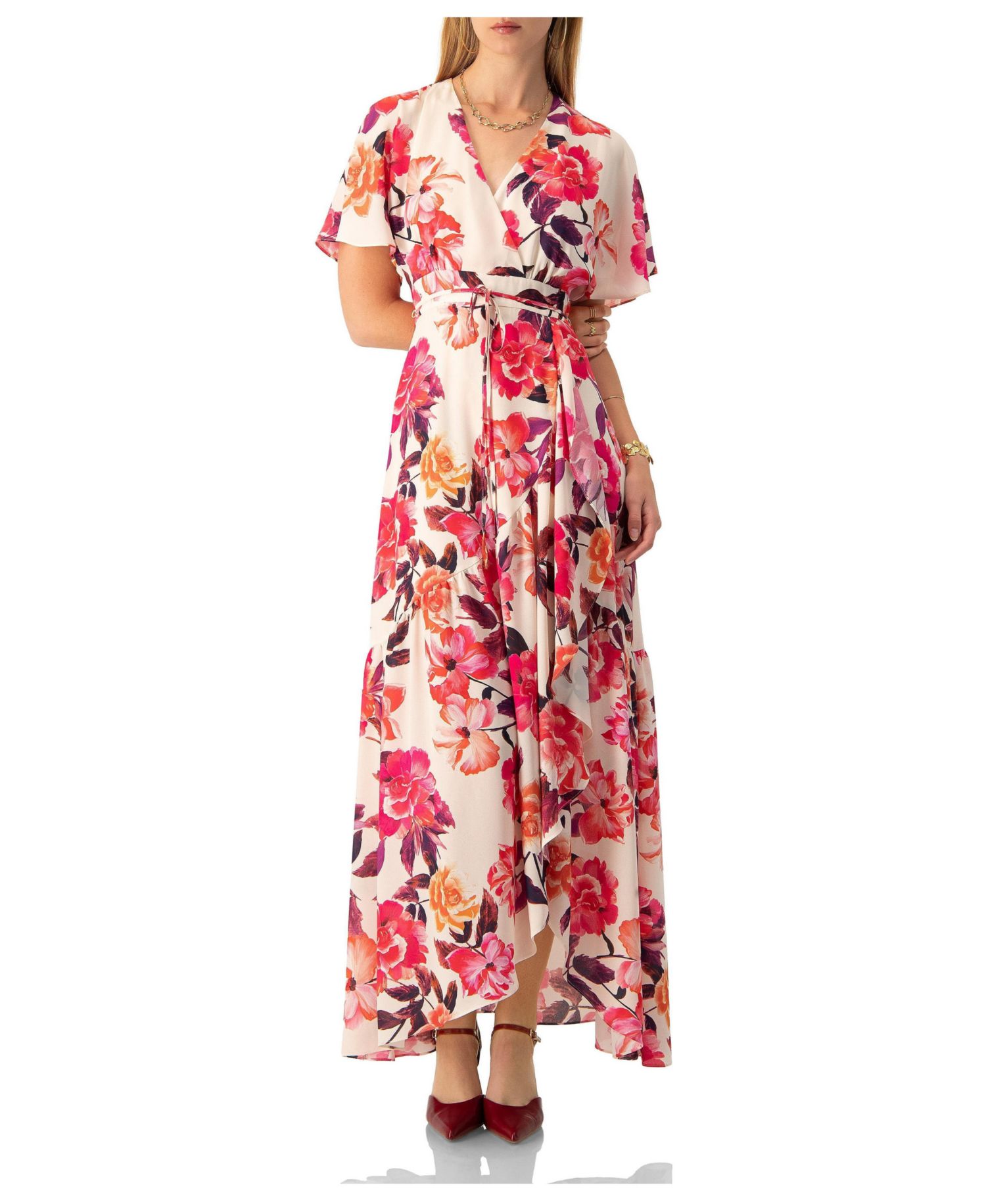 Women's Crossed V-Neck Wrap Floral Maxi Dress