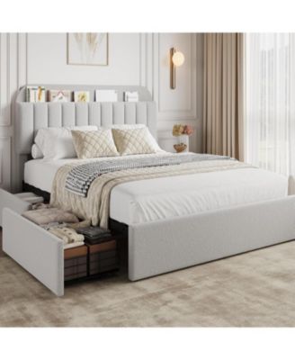Bed Frame Storage Headboard 2 Drawers Boucle Upholstered Platform Bookcase Easy Assembly No Box Spring