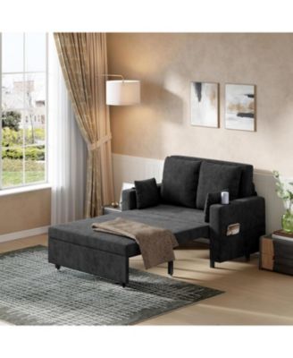 56" Sleeper Loveseat Sofa Bed, Pull-Out Couch with USB Ports, Cup Holders and Side Pockets