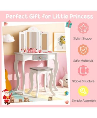 Kids Vanity Table and Chair Set with Tri-Folding Mirror and Drawer