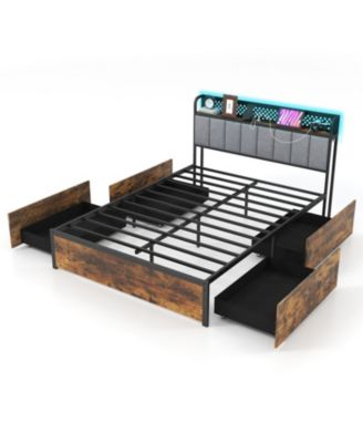 Metal Platform Bed Frame with LED Lights and Storage Drawers and Headboard