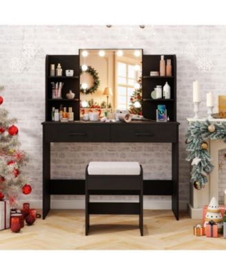 Makeup Vanity Set with Lighted Mirror Power Outlet and Cushioned Stool