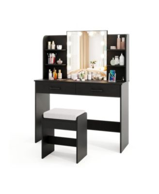 Makeup Vanity Set with Lighted Mirror Power Outlet and Cushioned Stool