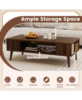 42 in Mid-Century Coffee Table with Compartment and Side Shelves