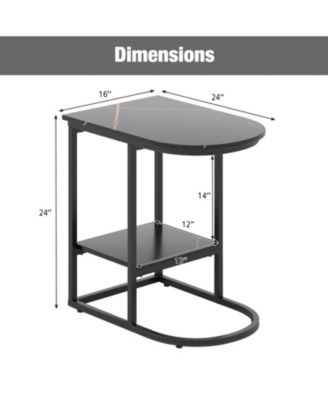 C-Shaped Modern Sofa Side Table with Faux Marble Top and Storage Shelf