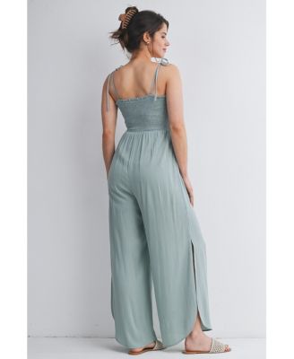 Maternity Smocked Wide-Leg Jumpsuit with Tie Shoulders and Side Slit