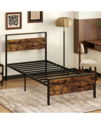 Twin Metal and Wood Platform Bed Frame with Headboard and Industrial Design