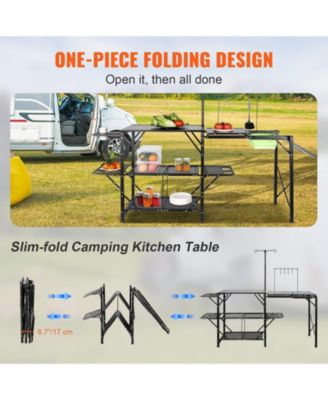 Folding Camping Kitchen Table with Sink Side Tables and Storage Shelves