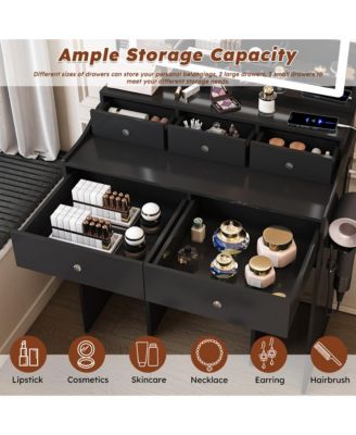 Mirror Vanity Desk, Makeup Vanity Set with 5 Drawers, Power Outlet, Hair Dryer Holder and 3 Lighting Color Adjustable for Bedroom