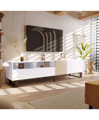 Modern Wooden Media Console for 80 Inch TVs, Entertainment Center with Dual Storage and Drop Down Door, TV Stand for Living Room