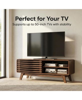 TV Stand with Slatted Sliding Door, Mid Century Modern Media Console Table for 50 Inch TV, Entertainment Center for Living Room