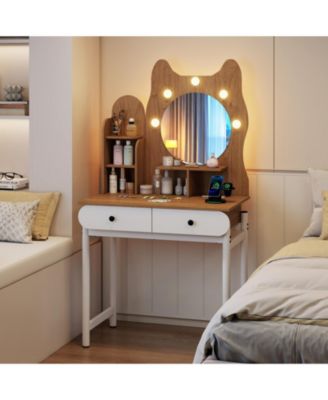 Small Vanity Desk with Round Lighted Mirror and Power Outlets