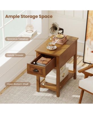 Set of 2 Retro Narrow End Tables with Drawer and Open Shelf