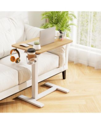 Height Adjustable Mobile Overbed Bedside Table with Cup Holder
