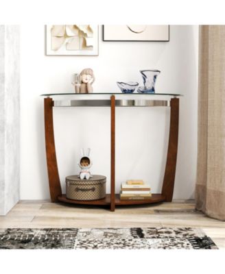 40 in Half-Moon Tempered Glass Console Table with Open Shelf