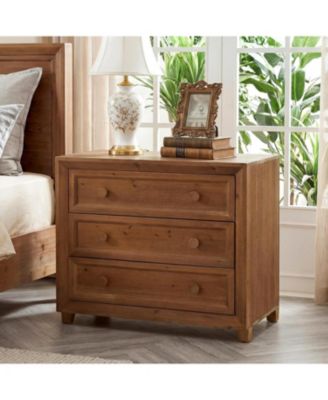 Solid Wood Nightstand with 3 Drawers, 31.5 Wide Bedside Table with Round Wooden Knobs and Low-Profile Legs