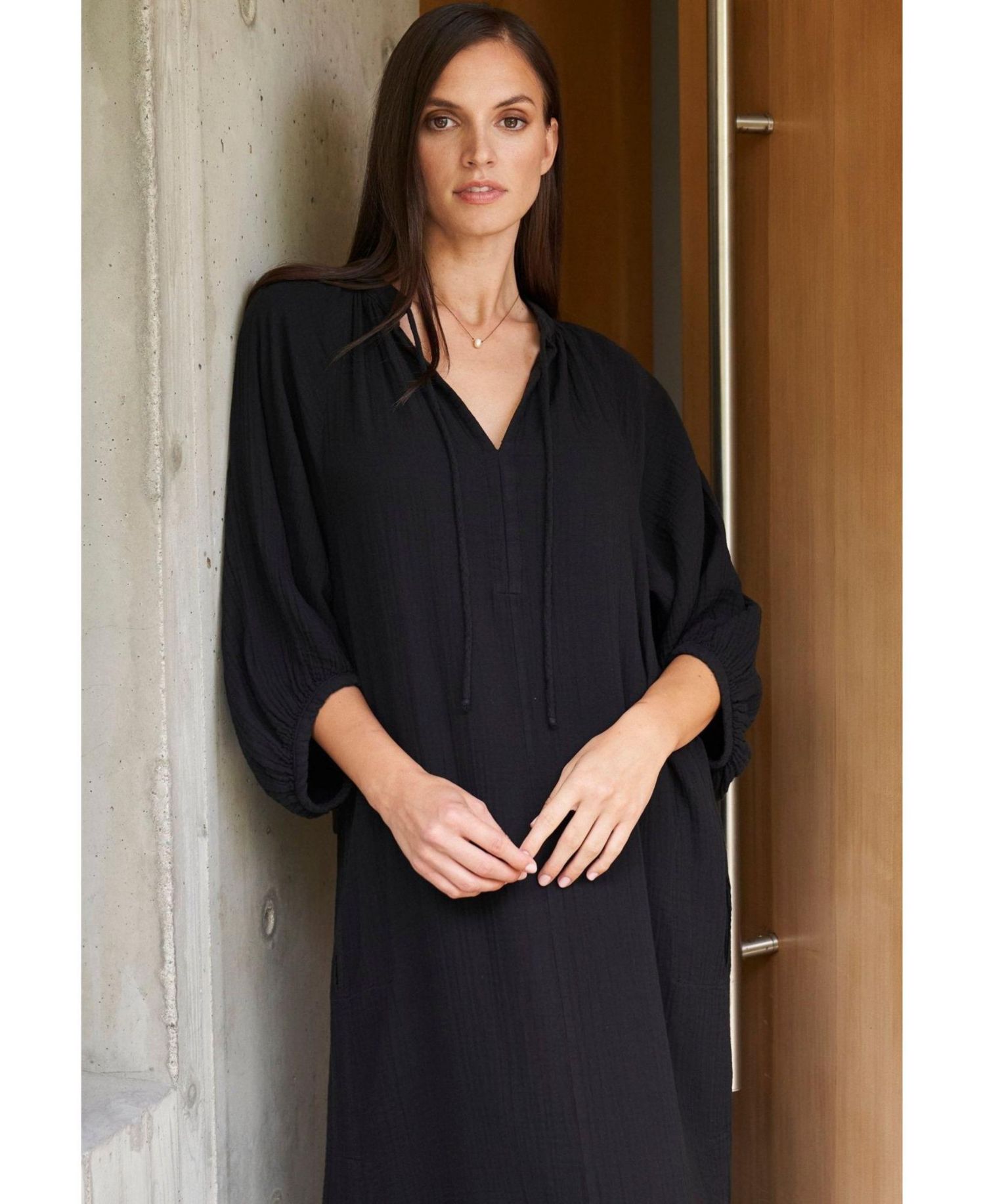 Women's Ocean+Main Avery Long Tie Neck Dress Gauze Caftan