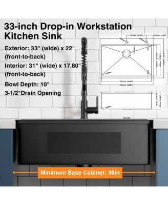 33 Inch Drop In Workstation Sink 18 Gauge Single Bowl Topmount Stainless Steel with Spring Neck Faucet and Accessories