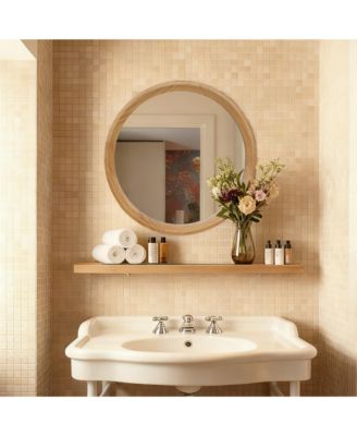 Natural Wood Round Wall Mirror, 23.62" Minimalist Decorative Mirror for Bathroom Vanity/Living Room (Sleek Solid Wood Frame)