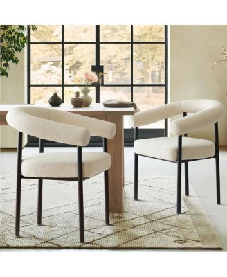 Set of 2 Boucle Upholstered Dining Armchairs Curved Arms Metal Legs