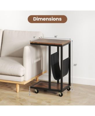 C-Shaped Side Table with Canvas Storage Pouch and Rolling Casters