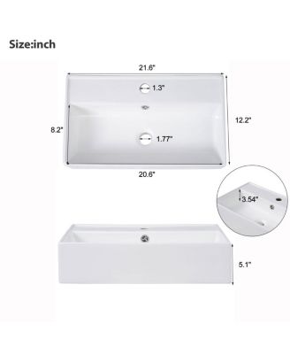 Rectangular Ceramic Bathroom Vessel Sink, Scratch and Stain Resistant, Modern White Countertop Basin, 21.6"x12.2"x5.1"