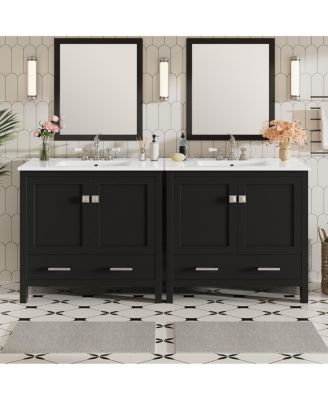 72 Inch Double Bathroom Vanity Set with Ceramic Sinks, Solid Wood Cabinet, Ample Storage and Soft Close Doors, Modern Freestanding