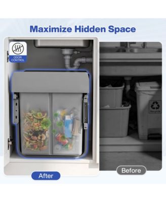  Dual Compartment Under Counter Kitchen Cabinet Pull-Out Trash Can,  Slide-Out Waste Bin with Lid