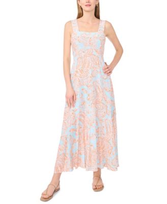 Women's Paisley-Print Square-Neck Smocked-Back Sleeveless Maxi Dress