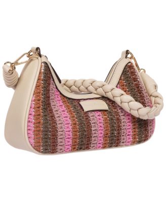 Woven Ribbon Zip Top Hobo Bag - Striped Woven Shoulder Bag with Braided Strap