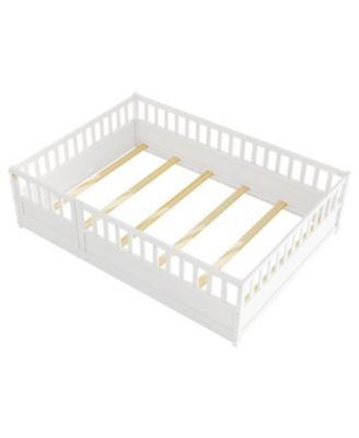 Full Size Montessori Wooden Floor Bed With Support Slat High Barrier And Door For Kids