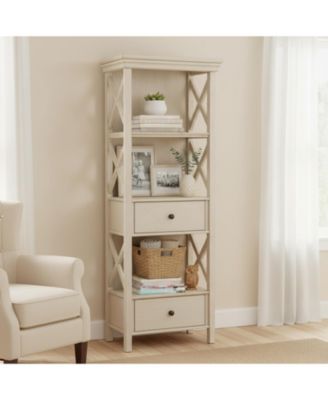 Cottage Chic Display Cabinet Bookcase Antique White Engineered Wood 3 Shelves 2 Drawers Lattice Sides Crown Moulding