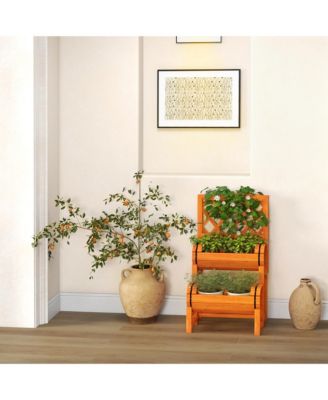 2-Tier Wooden Raised Garden Bed Container w/2 Cylindrical Planter Boxes and Trellis