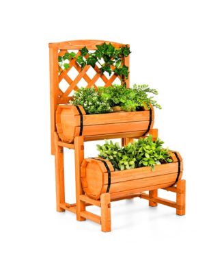 2-Tier Wooden Raised Garden Bed Container w/2 Cylindrical Planter Boxes and Trellis