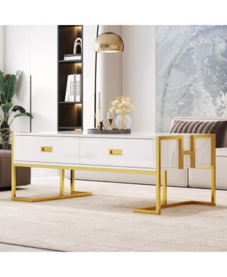 Rectangular Coffee Table, Modern 47.4" Center Table with 4 Drawers and Gold Metal Base for Living Room