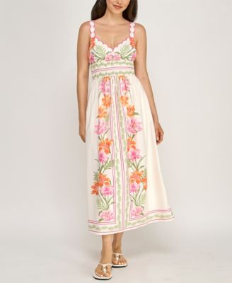 Juniors' Sleeveless Scallop Strap Ruched Waist Midi Dress