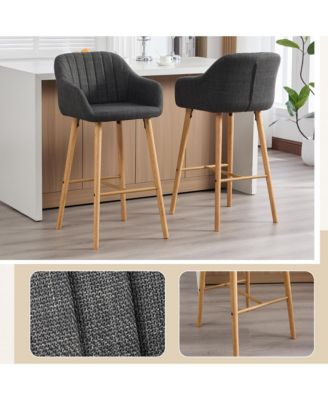 Bar Stools Set of 2 - Linen Fabric Upholstered Counter Height Chairs with Back, Footrest and Solid Wood Legs for Kitchen Island
