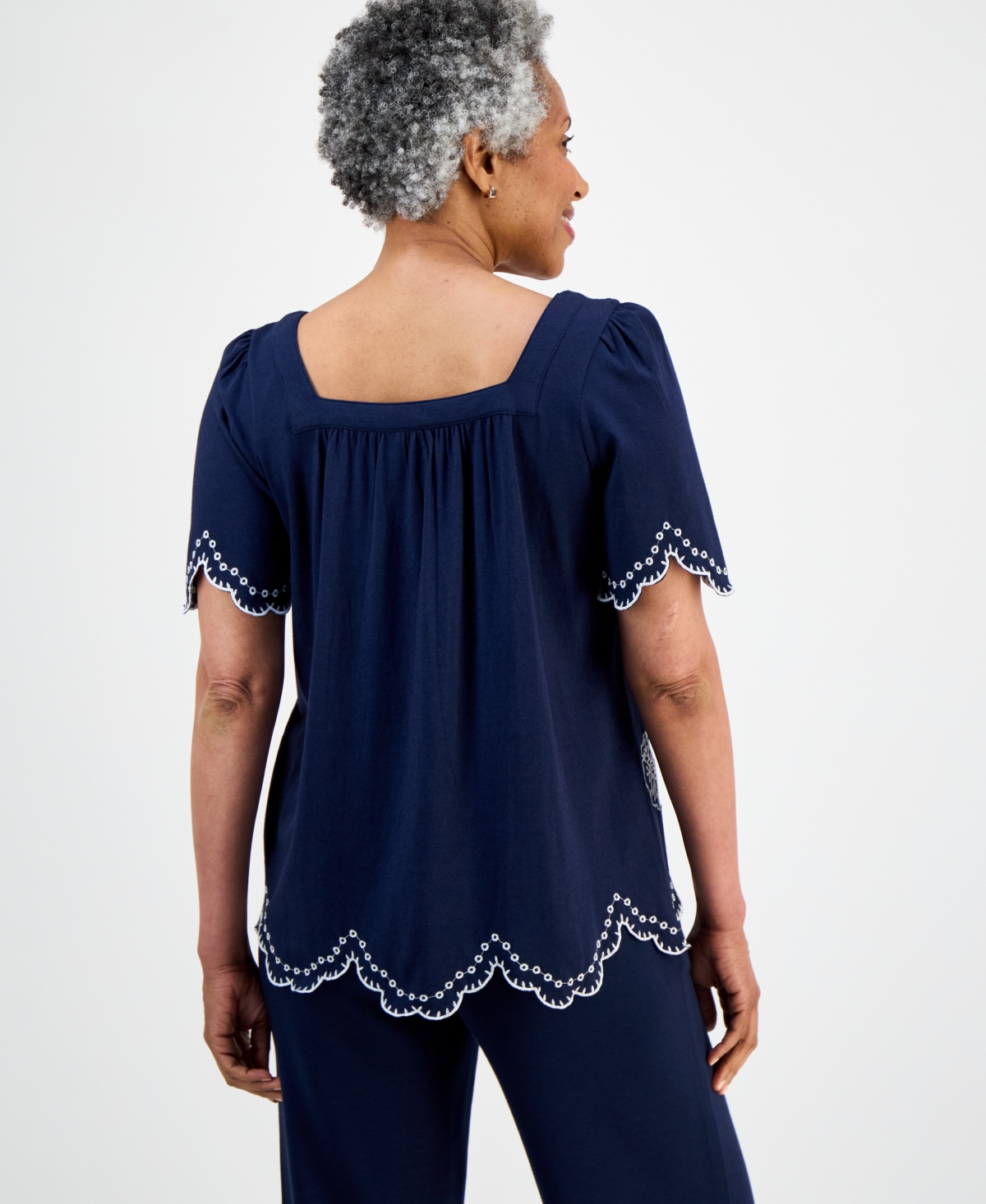 Style & Co Petite Embroidered Scalloped Knit Top, Macy's Exclusive