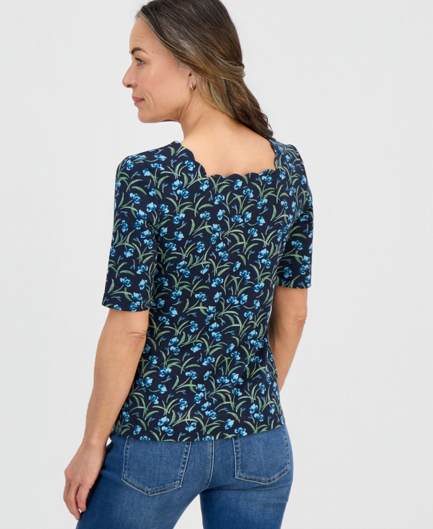 Plus Size Printed Scalloped Square-Neck Top