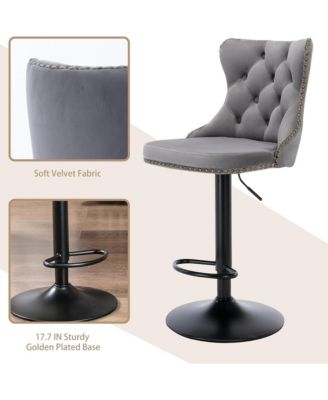 Velvet Bar Stools Set Adjustable Swivel Counter Height Chairs Footrest and Nailhead Trim for Home Pub